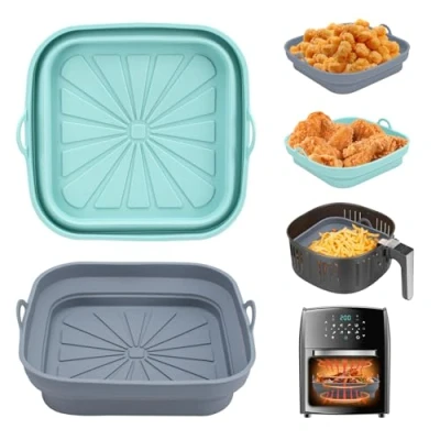 Imagen de Alyvisun Moldes Silicona Freidora de Aire, 2 Piezas Bandeja Accesorios para sin Aceite Reutilizable Recipientes Cuadrado Cesta Utensilios Air Fryer, Microondas, Horno (Azul Claro+Gris)