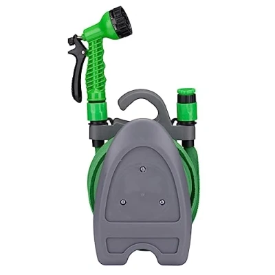 Imagen de Kinzo Manguera de jardín Flexible 10 m, Incluye Accesorios y Soporte para jardín, Boquilla con 7 Modos pulverización, plástico, Verde/Gris