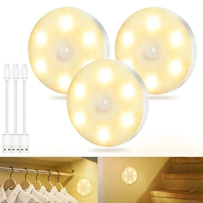 Imagen de luz nocturna con detector de movimiento recargable por USB, iluminación LED para armarios y escaleras, movimiento, blanca cálida pasillo, dormitorio, cocina armario