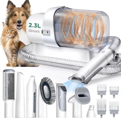 Imagen de Gimars 2,3L Aspirador Pelos Mascotas con Máquina de Corte Silenciosa, Súper Succión 12000 Pa Cepillo para Perros y Gatos, Perro Sofa Otras 7 Herramientas Aseo
