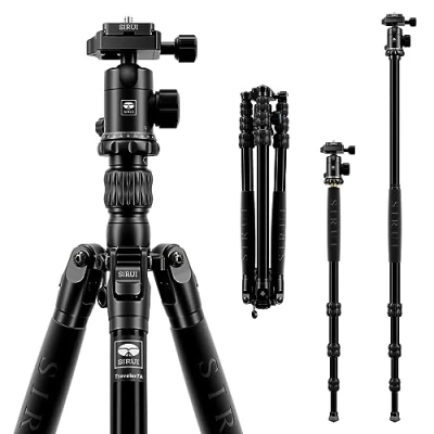Imagen de SIRUI 65.55″ Trípode de Cámara Aluminio, Cabeza Bola Panorámica E 10 y Placa Liberación Rápida para Arca Swiss, Carga hasta 8kg, Convertible a Monopié Traveler 7A