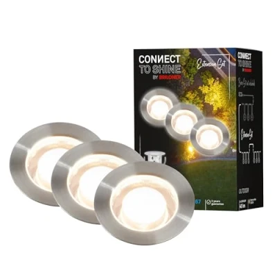 Imagen de Briloner Iluminación de jardín Connect to Shine 12 V, juego 3 focos LED empotrables en el suelo, extensión, IP67, luz blanca cálida, luces 30x26 mm, plateado