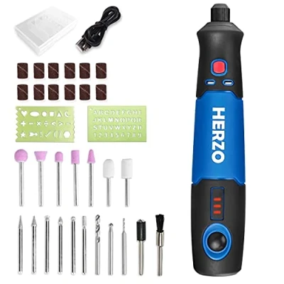 Imagen de HERZO Mini Amoladora， 3.7V Amoladora Electronica DC y USB recargable con 32 pcs Accesorios 3 velocidad variable para los DIY trabajos de Pulido Abrasivo Corte