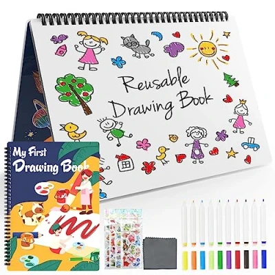 Imagen de NEWYES Pizarra Blanca para Niños, Libro de Dibujo Borrado en Seco Reutilizable con 10 Marcadores, 3 4 5 6 7 8 años, Juguetes Aprendizaje Niños y Niñas, Garabatos Borrable