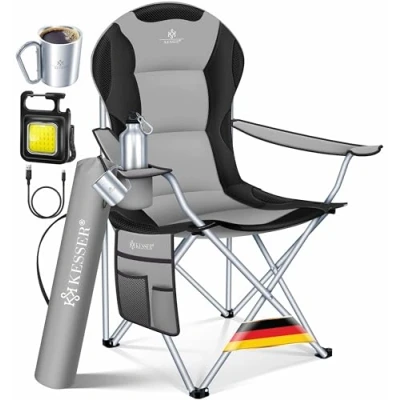 Imagen de KESSER® silla de camping plegable hasta 150 kg, acolchada con reposabrazos, luz y soporte para bebidas + bolsa respaldo alto, playa, taburete plegable, color