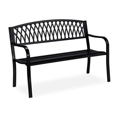 Imagen de Relaxdays Banco Jardín, Asiento Parque 2 Plazas, Diseño Rústico, Cómodo Mueble Exterior, Metal, 87 x 127 60 cm, Negro, Acero