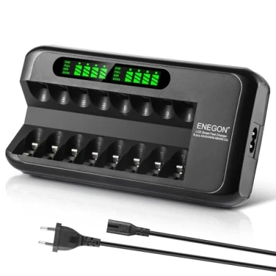Imagen de ENEGON Cargador de Pilas Recargables, Rápido con Adaptador CA y Pantalla LCD Inteligente, Independiente 8 Ranuras para Recargables AA AAA NI MH CD