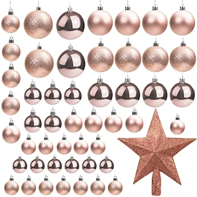 Imagen de Belle Vous Bolas de Navidad Oro Rosa (Pack 50) Tamaños Variados Navideñas con Brillo y Estrella para la Punta Adornos Decor Fiestas Interior Exterior