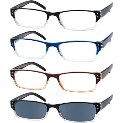 Imagen de Eyekepper Paquete de 4 Gafas lectura rectangulares para hombre y mujer con bisagras resorte lentes protección solar +3,50