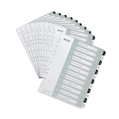 Imagen de Leitz 12160000 Separadores para A4, 10 unidades, portada escribir en PC y 12 separadores, pestañas con números del 1 al 12, gran ancho, blanco/negro, polipropileno, WOW