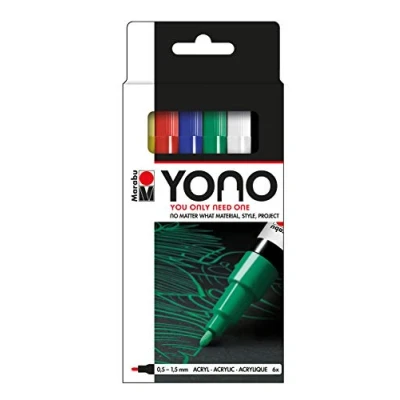 Imagen de Marabu Yono Rotulador de punta fina, paquete 6, (0,5 1,5 mm), amarillo, cereza, azul oscuro, verde intenso, blanco, negro, (019, 125, 053, 067, 070, 073)