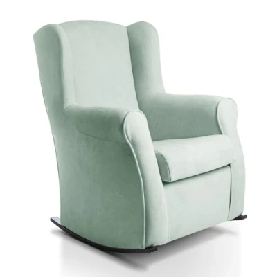 Imagen de Sillon orejero balancin wengué CARLA (Sillon lactancia)Sillón tapizado antimanchas acualine color Verde Agua. Mecedora para dormitorio, salon o habitacion de bebe