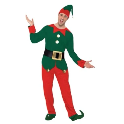 Imagen de Smiffys Disfraz de elfo, Rojo y verde, con chaqueta, pantalón, gorro cinturón