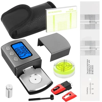 Imagen de Lot de 4 Juego Ajuste para Tocadiscos, con Digital Turntable Stylus Fuerza Escala Gauge, Azimut, Nivel Burbuja y Transportador Alineación Cartucho, Aagujas