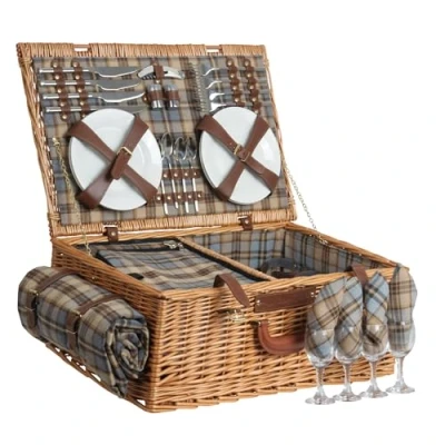 Imagen de CampFeuer cesta de picnic para 4 personas con juego vajilla y compartimento frigorífico, 29 piezas, mimbre correa piel sintética, bolsa pícnic, (cuadros