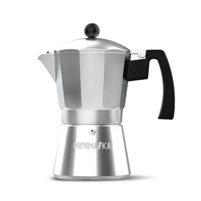 Imagen de Minimoka 9 Cafetera italiana, tazas, base y filtro de acero inoxidable, mango ergonómico, válvula seguridad, cierre silicona para mayor apta para: vitro, eléctrica gas