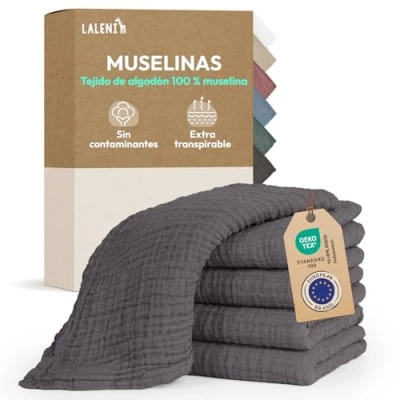 Imagen de Laleni muselinas bebé algodón 70x70cm 5 uds gasas para bebés Piel Sensible Ideal como Toalla recién Nacido Supersuave y Absorbente pañales de Muselina en Gris