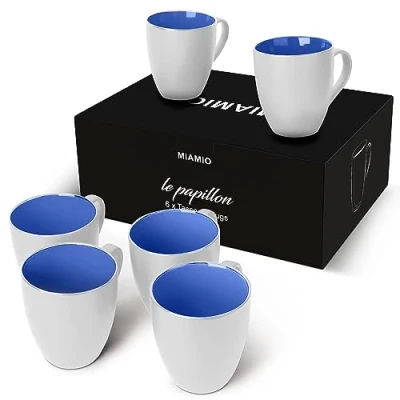 Imagen de MIAMIO 6 x 350 ml Juego de Taza Café/Copa desayuno Le Papillon Colección (Blanco Azúl)