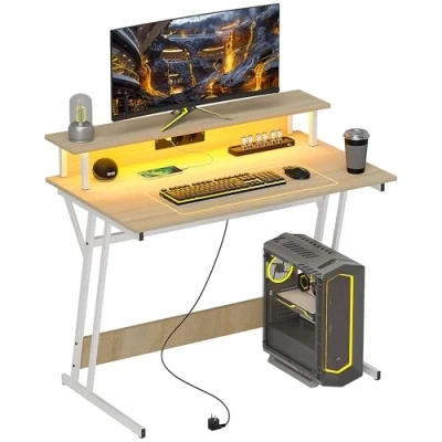Imagen de HOMCOM Mesa Gaming con Luces LED 100x60 cm Escritorio Gamer Tomas de Corriente Soporte para Monitor Estantes y Control Remoto Oficina Estudio Natural