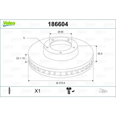 Imagen de VALEO 186604 Disco de freno Eje delantero 280 22 5 ventilado con tornillo SEAT: Leon I Hatchback, Toledo 2 Limousine, VOLKSWAGEN: Golf 4