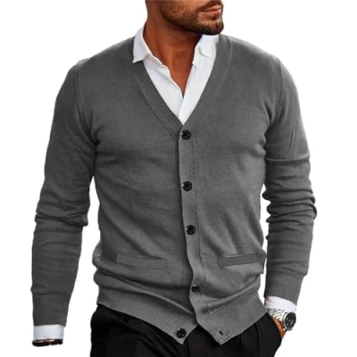 Imagen de WESBR Mens Knit Jumper Thin Cut Knitwear Men Fine Cardigan V Neck Button Placket Knitted Jacket Casual Long Sleeve B Grey XL