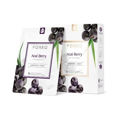 Imagen de Mascarilla facial FOREO Acai Berry para piel seca y envejecida, pack de 3, fórmula hidratante, revitalizante antioxidante, no testada en animales compatible con los dispositivos UFO