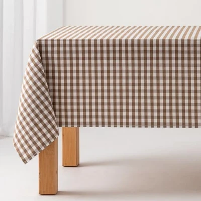 Imagen de GAMUSI Mantel Antimanchas Tacto Tela Cuadrado Cuadro Vichy, algodón Impermeable, 140x140 cm Color Taupe