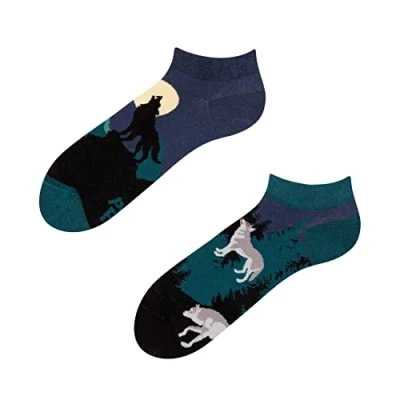 Imagen de Dedoles Calcetines Unisex Hombre Mujer y Niños Algodón muchos diseños divertidos diferente izquierda derecha, color: Azul, diseño: Lobo de la luna (tobilleros), tamaño: 43 46
