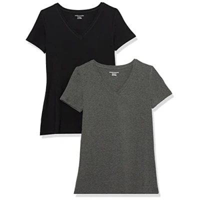 Imagen de Amazon Essentials Camiseta de Cuello en v Manga Corta y Ajuste Clásico Mujer, Pack 2, Negro/Carbón Mezcla, XXL
