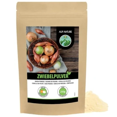 Imagen de cebolla en polvo (250g), molida, 100% pura de cebollas suavemente secadas, naturalmente sin aditivos, vegana, gránulos