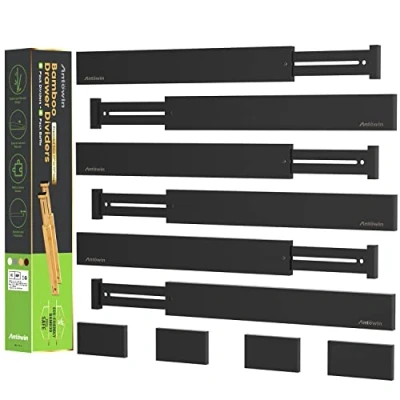 Imagen de ANTOWIN Paquete de 10 separadores cajones bambú, expandibles, organizador ajustable con resorte 17 a 22 pulgadas para utensilios grandes, ropa, herramientas