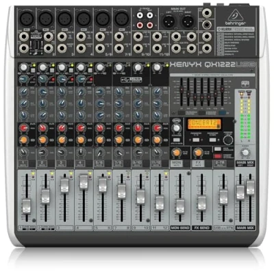 Imagen de Mezclador Behringer XENYX QX1222USB Premium de 16 entradas y 2/2 buses con preamplificadores micrófono compresores XENYX, procesador Klark Teknik Multi FX, opción inalámbrica e interfaz USB/audio