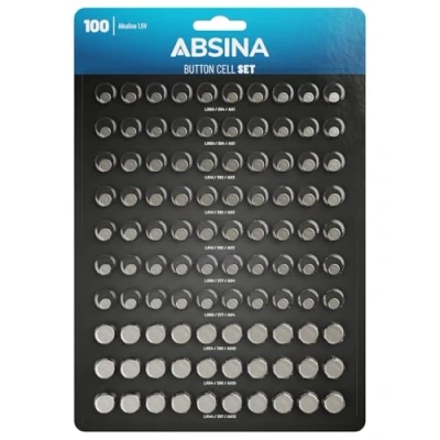Imagen de ABSINA Pack de 100 Pilas botón Alcalinas 20x AG1 LR621 / 30x AG3 LR41 AG4 LR66 AG10 LR1130 10x AG13 LR44 Surtido 1,5V a Prueba Fugas Set variadas, Baterías Mixtas