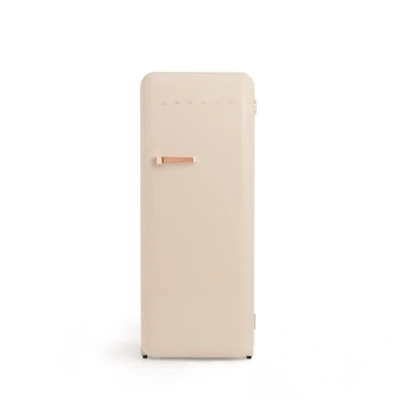 Imagen de CREATE / RETRO FRIDGE 150 ROSE GOLD/Frigorífico arena maneta oro rosado con congelador 281L 102W, bajo consumo, 150cm, 3 estantes, regulador temperatura, botellero,60x60x150cm