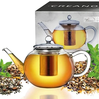 Imagen de Creano Tetera de Vidrio con Colador Acero Integrado y tapa Vidrio, Perfecto para la Preparación Té Suelto, sin Gotas 1200ml