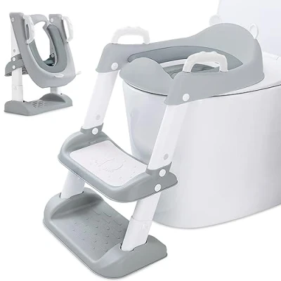 Imagen de FAMKEEP Adaptador WC Niños,Reductor Portatil Orinal Asiento Baño Inodoro con Escalera, Niños,Ajustable, Plegable, PU Cojín Acolchado, Antideslizante, para Inodoros en Forma de V, U O