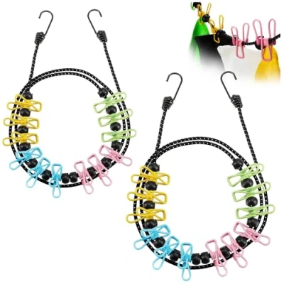 Imagen de com four® tendedero de Viaje 2X 180 350 cm por para Acampar con Banda elástica Reflectante 12 Clips metálicos Cada uno (Colorido/Negro)