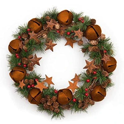 Imagen de 40cm Christmas Wreath with Rustic Jingle Bells Stars Pine Cones Berries Leaves for Outdoor Xmas Home Office Mantelpiece Decorations