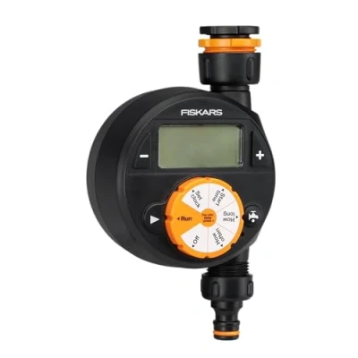 Imagen de Fiskars Programador/Timer con 1 salida, Para todos los tamaños de grifo habituales, Pantalla LCD fácil lectura, Tamaño universal, 380 g, Negro/Naranja, 1054791