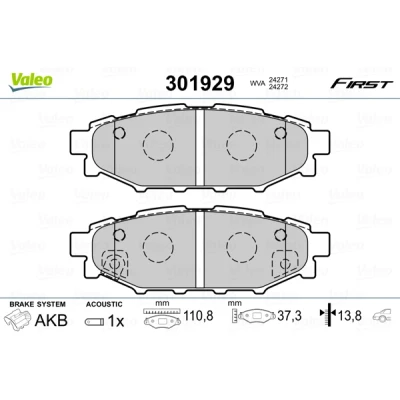 Imagen de VALEO 301929 Juego de pastillas freno FIRST Eje trasero con contacto avisador desgaste sin chapa antichirridos SUBARU: XV I, Forester IV
