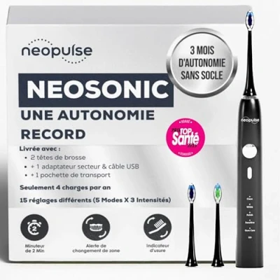 Imagen de NEOPULSE® NEOSONIC Cepillo de dientes eléctrico sónico negro Recargable 3 meses batería 15 ajustes Temporizador 2 brochas: 1 flexible y ultra Souple (Negro) marca francesa