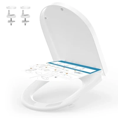 Imagen de Tapa WC Universal Forma de D [LARGO], YEAUPE PRO Asiento Inodoro Cierre Suave con Liberación Rápida para una Fácil Limpieza, Blanco, 45 x 36,1 5cm, Incluye plantilla instalación