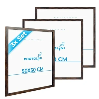 Imagen de PHOTOLINI marcos 50x50 cm madera MDF roble oscuro, set de 3 para pósteres, cristal acrílico, colgar, incluye accesorios fotos, láminas y pósteres