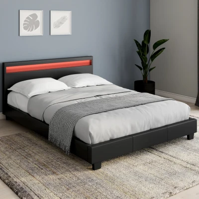 Imagen de Cama doble 140x190 cm en PVC negro con somier y luz LED