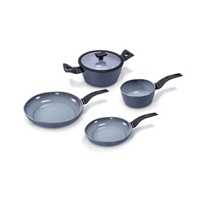 Imagen de Moneta Aria Finegres Set de 5 Cazuelas y Sartenes Inducción, Revestimiento Natural Antiadherente, Aptas para el Lavavajillas, Batería Cocina Piezas, Metal, Gris, Pezzi