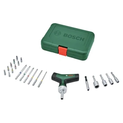 Imagen de Bosch Destornillador de carraca con empuñadura en T Juego 22 piezas (par máx. 46 Nm; engranaje 36 dientes; portapuntas magnético; ergonómico; 16 puntas S2 ; 4 vasos; estuche)