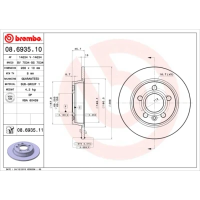 Imagen de BREMBO 08.6935.10 Disco de freno 268 10 5 macizo SEAT: Alhambra I, VOLKSWAGEN: Sharan Furgón, FORD: Galaxy Mk1 MPV