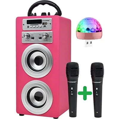 Imagen de DYNASONIC Máquina de Karaoke Portátil, 2 Micrófonos, Altavoz Bluetooth, Luces, Lector USB y SD (025 Rosa)