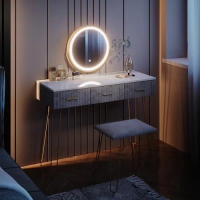 Imagen de Vicco Tocador Layla, Gris/Blanco, 100 cm con iluminación LED y Taburete