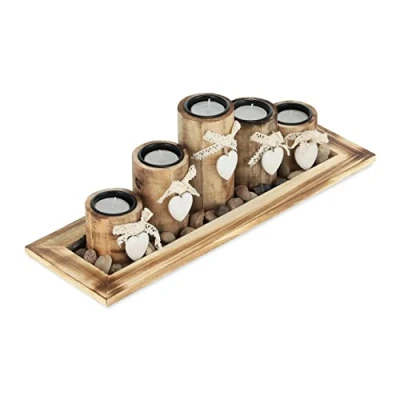 Imagen de Relaxdays Portavelas con Bandeja y Piedras Decorativas, 39,5 cm Largo, 5 Candeleros, Centro Esa Salón Comedor, Marrón, Tablero de Fibras